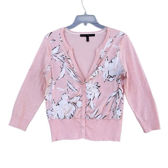 White House Black Market Sweaters - WHBM Pink Coral White Floral Top Light Cardigan Sweater Women Medium 3/4 Sleeve